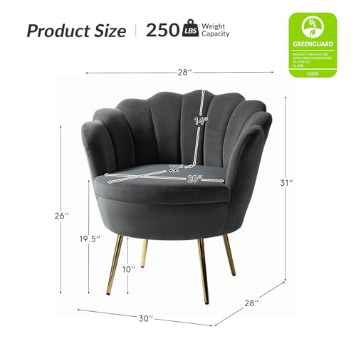 Image of HULALA HOME Modern Velvet Accent Chairs Set of 2 with Shell Shaped Back, Cute Living Room Bedroom Armchairs Sofa Chairs with Gold Legs, Comfy Upholstered Vanity Chairs for Makeup Room, Grey