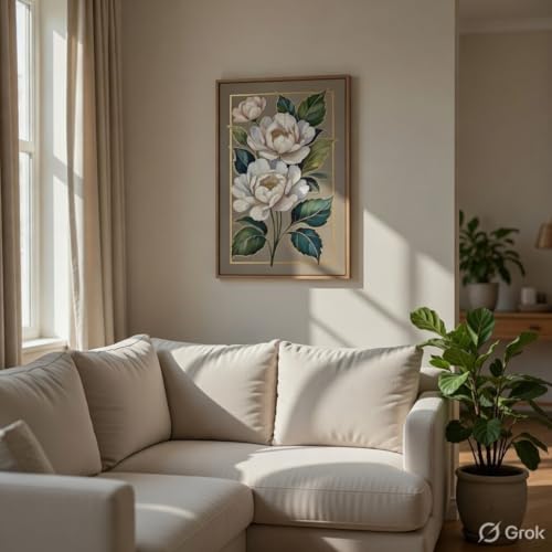 Image of SAF Elegant White Floral Wall Painting with Wooden Frame | Luxury Flower Artwork HD UV Laminated MDF Wall Decor | Botanical Flower Wall Art for Living Room Bedroom Office Decor 13.5 Inch x 19.5 Inch