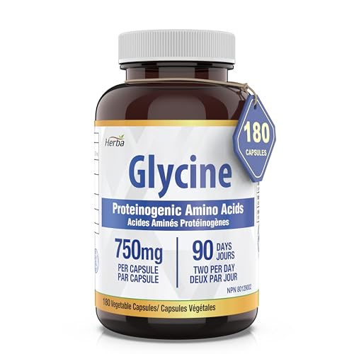 Herba Glycine Supplement 750mg – 180 Capsules | >99% Ultra Pure Glycine Capsules | Free-form Proteinogenic Amino Acids Supplements | Made in Canada