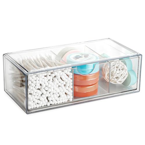 Alaoo Organizador de Cosméticos Desmontable, Organizador de Cajones Pequeños, Soporte de Bolas de Algodón de 3 Compartimentos con Tapa Acrílica, Organizador de Cajón para Pendientes