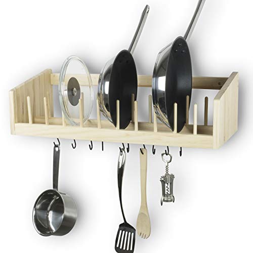 Kitchen Wood Wall Mounted Rack With Metal Rail And 10 S Hooks, Pot Pan Plate Lid Kitchenware Towel Storage Display Organizer (Birch) #TOP1
