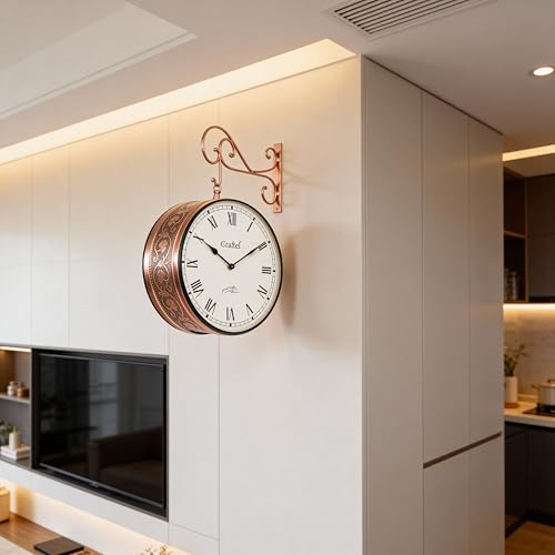 Image of CRAFTEL Double Sided Station Wall Clock Multi-Layer Electroplated | Both Side Roman Numerals | Aluminum Matte-Finish Dial Brass Body | Dial - 12 Inches, Rose Gold | 365 Days Warranty