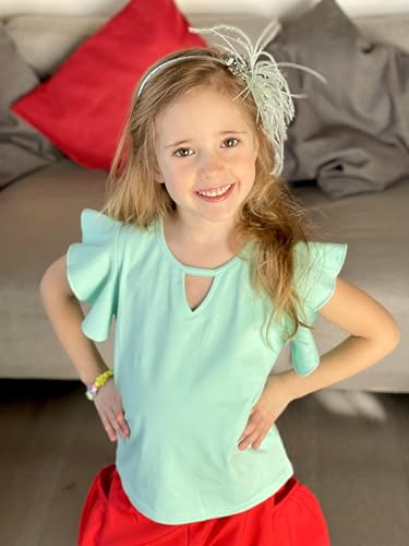 Image of Arshiner Girls Shirts Short Sleeve Tee Ruffle Solid Summer Keyhole Neck Cotton Blouse Tops