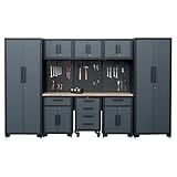 Tsnritor Garage Storage Cabinet System, 9-Pcs Garage Cabinets and Storage System Corner Workshop Set with Corner Cabinet, Cabinet Drawers, Workbench, Pegboard for Tool Organization, Black and Grey