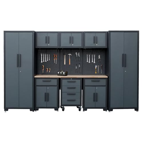 Garage Storage Cabinet System with Workbench and Pegboard