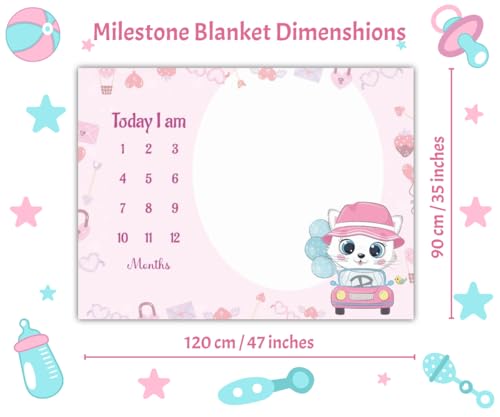 Image of Baby Monthly Milestone Blanket | 1-12 Months | Soft All-Season AC Blanket | Ideal for Newborn Boys & Girls | Perfect Growth Tracker & Photoshoot Prop with Cute Kitty | 120x90 cm