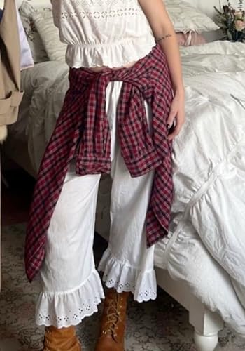 NUFIWI Women Sheer Mesh Lace Trim Capri Long Bloomers Cute Ruffle Hem Cropped Pajama Pants Y2K Casual Pettipants Bottoms3