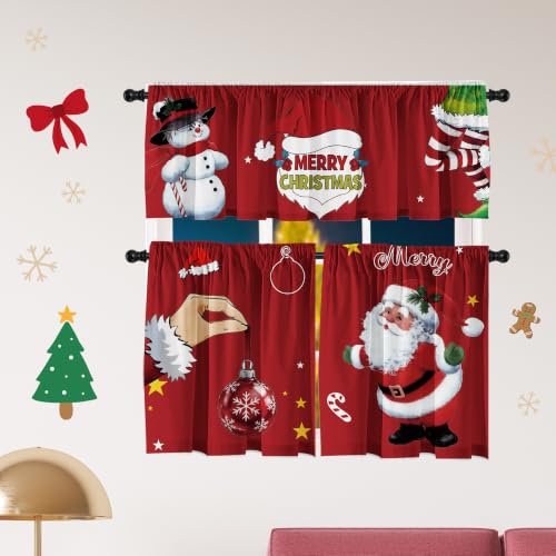 Cuteiush Christmas Kitchen Curtain Valances Winter Holiday Festive Small Window Decoration Red and Green Farmhouse Xmas Design 52x18inchx1 26x36inchx2 3 Panel Rod Pocket