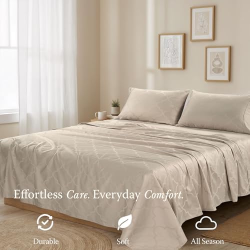 300 Thread Count Jacquard Tradition Light Beige Queen Sheets - 100% Cotton Breathable Silky Soft Damask Sheets - 3 Pc Bed Sheet Set Elasticized Deep Pockets - Wrinkle Free Bedding Sheets by Threadmill - Thumbnail 3