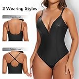 SHAPERIN Women's Deep V Neck Faux Leather Bodysuit Tummy Control Shapewear Thong Body Shaper Plunge Cami Corset Top (Large,Black)