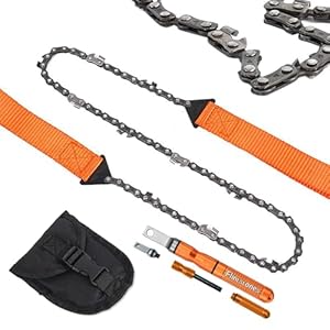 Pocket Chainsaw 40″ Survival Camping Saw Heavy Duty Steel – Folding Chain Hand Saw with Fire Starter for Camping Hunting On Foot Cutting Wood Outdoor Survival Gear