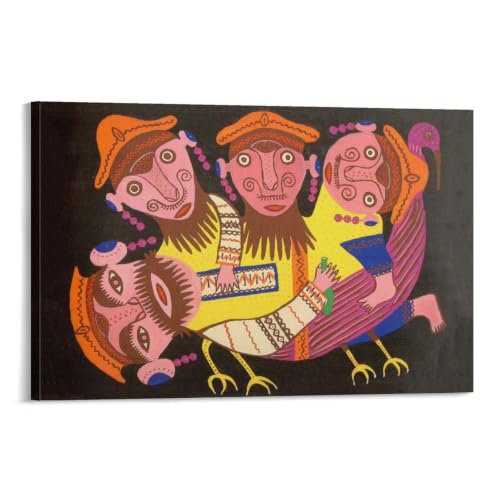Four Drunkards Riding A Bird By Maria Prymachenko Poster Wall Art Scroll Canvas Painting Picture Living Room Decor Home 20x30inch(50x75cm)