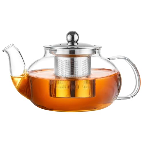 PARACITY Glass Teapot Stovetop 20 OZ/600ml, Tea pot with Removable 18/8 Stainless Steel Infuser, Borosilicate Clear Tea Kettle, Teapot Blooming and Loose Leaf Tea Maker Tea Brewer for Camping, Travel