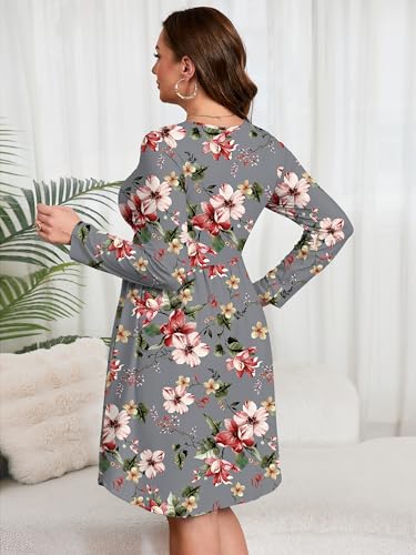 Image of AusLook Women's Plus Size Long Sleeve Midi Dress Casual Empire Waist Loose Flowy Dresses A-Line Boho Long Dress with Pockets