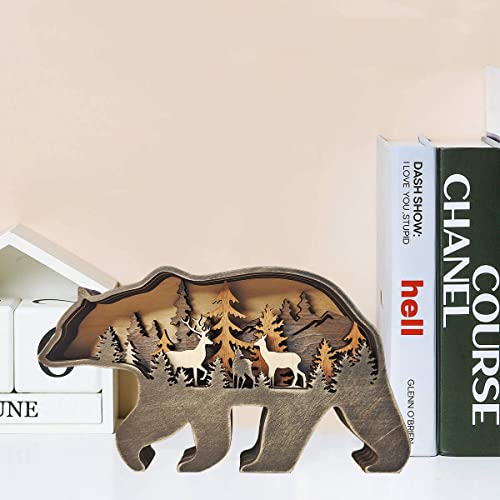 Miyolo Wooden Bear Art Rustic Home Decor North America Forest Animals Brown Bear Carved Crafts Multi-Layer Creative Bear Silhouette Figurine Wall Table Shelf Desktop Decoration #TOP6