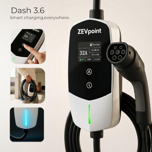 Image of Zevpoint 3.6kW Portable EV Charger | Wall Bracket + Bag | 5 Meters, Adjustable Power, TPU Cable, 16A | LED Screen | 10+ Advanced Safety Features | Upto 5-yr Warranty (Dash 3.6kW)