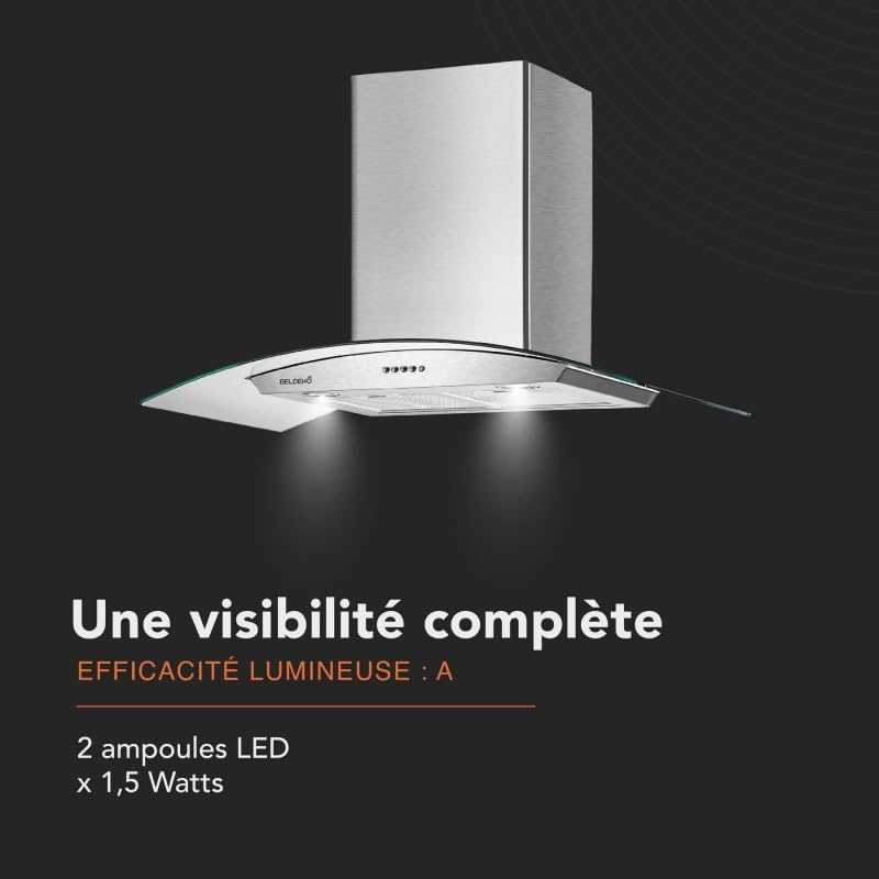 BELDEKO Hotte Murale 90 cm Inox 559 m3/h Évac/Recyclage - Marque Française