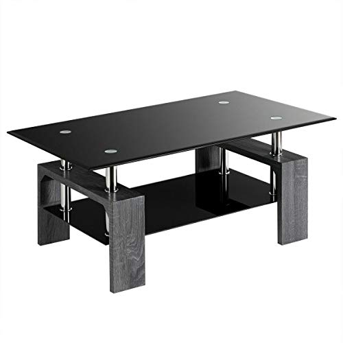 Black Rectangular Glass Coffee End Side Table with Shelf Living Room F