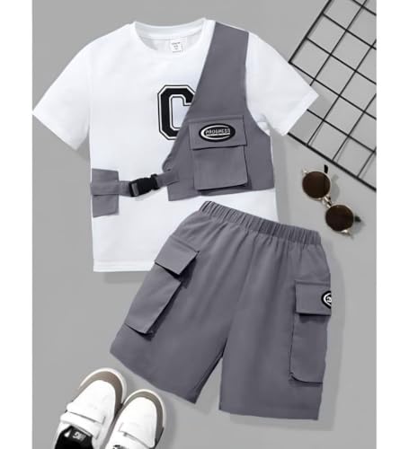 Image of Kids Boys 3-Piece Outfit Set | Half Sleeve T-Shirt, Utility Vest & Cargo Shorts with Cap | Stylish Casual Summer Clothing Set for Boys