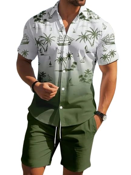 Men’s Printed Co-Ord Set | Plus Size Casual Shirt & Shorts Set | Nightwear Pajama Suit, Loungewear, Beachwear & Vacation Outfit Design No ME_NS Sky 07 Green Coconut-picture-28
