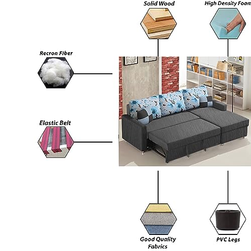 Image of Orland 4 Seater LHS L Shape Sofa Cum Bed for Living Room | Color - Dark Grey | Premium Fabric Sofa