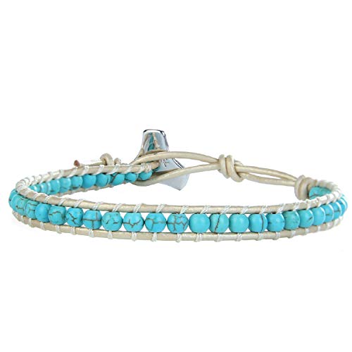 Image of C.QUAN CHI Turquoise Bracelets Handmade Woven Friendship Bracelets White Leather Adjustable Wrap Bracelets