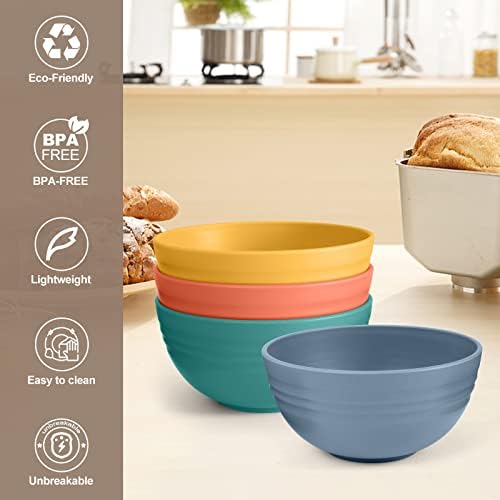 Odoland Cereal Bowls 4 Pieces, Unbreakable and Reusable Light Weight Bowl for Rice Noodle Soup Snack Salad Fruit Dishwasher Safe, Microwave Safe for Family Indoor Outdoor Color