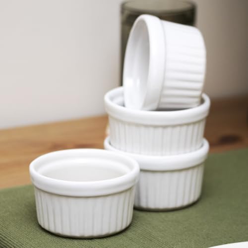 Set of 4 White Ribbed Oven Ramekins Small Ceramic Soufflé Dessert Baking Dish Dip Bowls - Image 3
