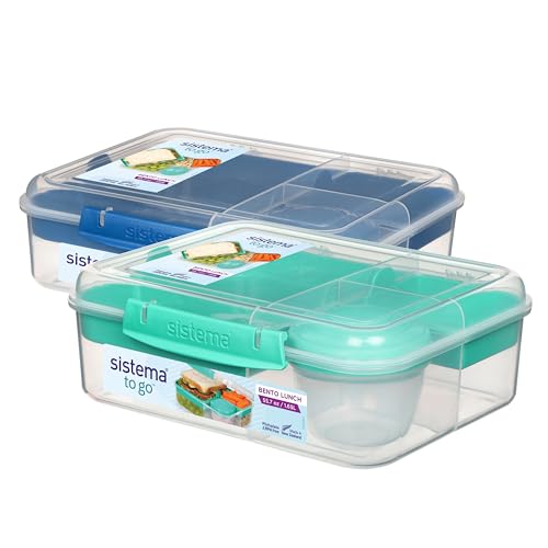 Sistema TO GO Bento Box Cubes | 1.65 L | School Lunch Boxes With Compartments & Snack Pots | BPA-Free | 2 Count | Minty Teal & Ocean Blue