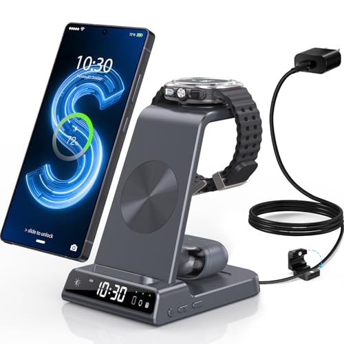 Wireless Charger for Samsung Charging Station with Clock for Samsung Galaxy S25 Ultra/S24/Z Flip 7/Z Fold 6/Bud, 3 in 1 Android Charging Station, Watch Charger for Samsung Galaxy Watch 8/7/6/5 (Grey)