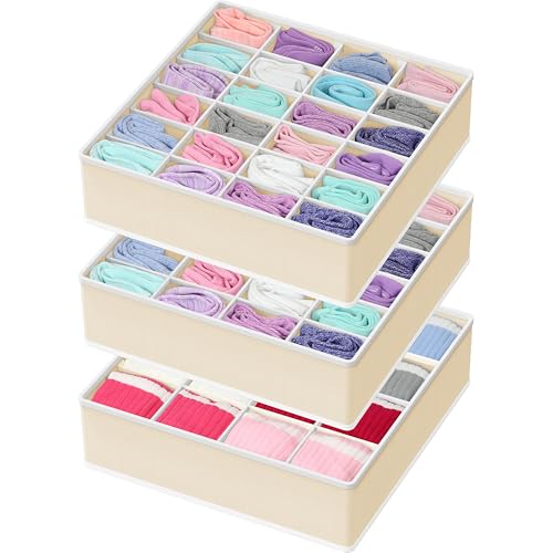 Image of Simple Houseware Sock Drawer Organizer for Dresser/Closet/Bedroom, 3 Pack, Beige