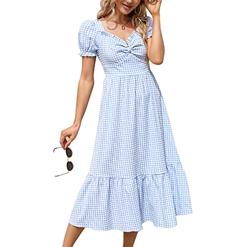 KOJOOIN Damen Kleid Kariert Sommerkleid Kurzarm Vintage Kleid Lange Midikleid Casual Hohe Taille Tunika Freizeitkleid Blau L