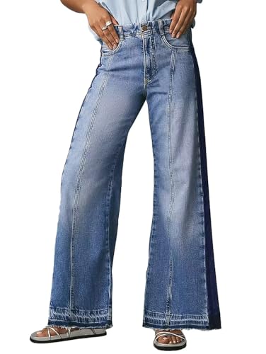 Flamingals Wide Leg High Rise Jeans for Women Stitch Detail Row Hem Jeans Denim Pants