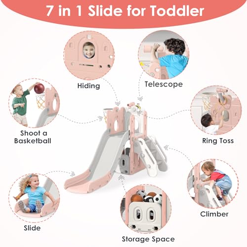 BIERUM 7 in 1 Toddler Slide, L-Shaped Baby Slide for Toddlers Age 1-3 with Basketball Hoop, Ring Toss, Storage Space, Outdoor Indoor Slide Playset Toddler Playground Pink Gray - Thumbnail 2