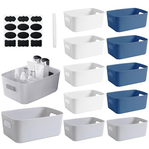 GAOHAN 12 Packs Plastic Storage Boxes with Handles, 3 Colours Small Portable Storage Boxes, Cupboard Organiser Baskets for Kitchen, Bathroom, Office, Home