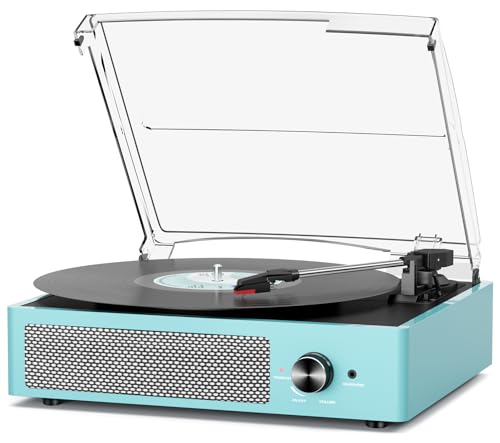 Vinyl Record Player with 2 Stereo Speakers Belt-Driven Vintage Turntables 3 Speed 3 Size Wireless Bluetooth Playback AUX-in RCA Out Headphone LP Vinyl Players Auto Stop Sky Blue
