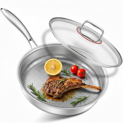 Abijan Edelstahlpfanne 28cm, Titan Pfanne mit Deckel, 18/10 Edelstahl Bratpfanne unbeschichtet ohne PFOA & PTFE mit Ergonomischer Griff für alle Herdarten geeignet, Spülmaschinen,Backofen bis zu 250°C