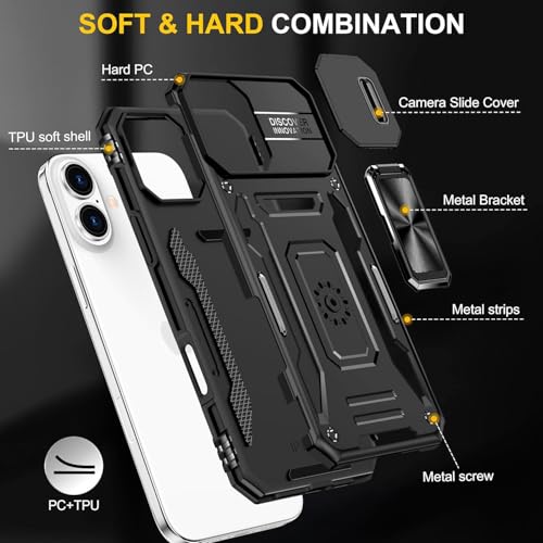 Image of Luxe Back Cover for Compatibe for Apple iPhone 16 | D10 Tough Armor Case | Sliding Camera Shield | 360 Protection | Kickstand Ring Holder | Military-Grade Bumper Case
