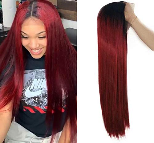 Long Red Ombre Lace Front Wig, Burgundy Wig with Black Roots Straight Hair Synthetic Lace Front Wig for Women 24inch