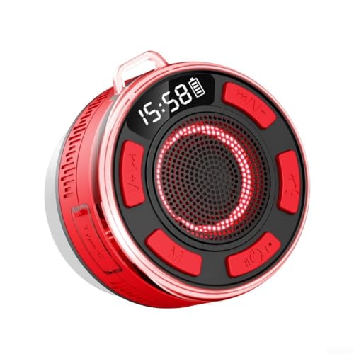 Altavoz de ducha impermeable IPX7 con luces RGB, sonido envolvente de 360°, radio FM y ventosa desmontable, altavoz portátil de 1100 mAh para baño, piscina, fiesta (negro) (rojo)