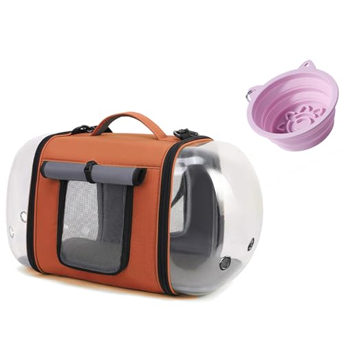 猫と犬用のキャットキャリー 透明バブルトラベルドッグケージ 多孔性ペットトラベルバッグ(小型犬やペット用の折りたたみ式フードボウル付き)。旅行、病院への通院、災害時の避難などに最適です。 (Orange)