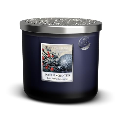 HEART & HOME - Candela profumata a base di cera naturale di soia per la casa, con 2 stoppini, palline incantate, durata di combustione 40 ore, regalo, decorazione e profumo per la casa