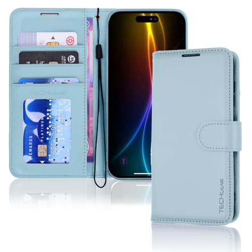 TECHGEAR iPhone 17 Leather Wallet Case with RFID Blocking Flip Cover with Card & Cash Holder Kickstand Wrist Strap Magnetic Closure - Light Blue PU Leather for iPhone 17 6.3