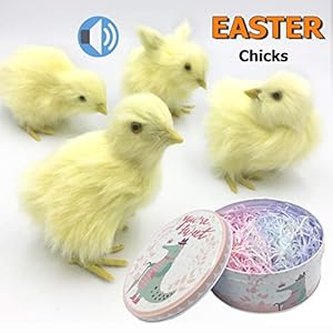 4 pcs easter chicks, Great easter decoration for easter basket.Perfect for Easter Photoshoot.Look and feel real. These Yellow Chicks are beautifully hand-crafted by faux fur covered over a hard plastic mold. Make a cute Chirping Sound when turned on....