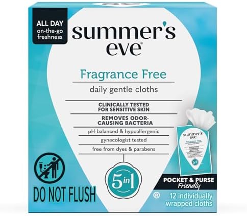 Summer's Eve Fragrance-Free Feminine Wipes, Gentle pH-Balanced Micellar Water Based Formula Helps Control Vaginal Odor, Individually Wrapped, 12 Wipes