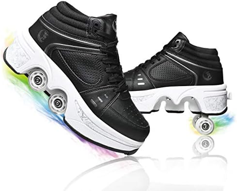 MLyzhe Women's Deformation Retractable Four-Wheeled Roller Skates Multifunction Adjustable Double Row Roller Shoes Outdoor Automatic Walking Sports Shoes,Black high top,35EU/6US