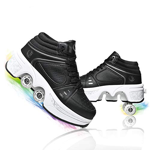 MLyzhe Women's Deformation Retractable Four-Wheeled Roller Skates Multifunction Adjustable Double Row Roller Shoes Outdoor Automatic Walking Sports Shoes,Black high top,36EU/6.5US