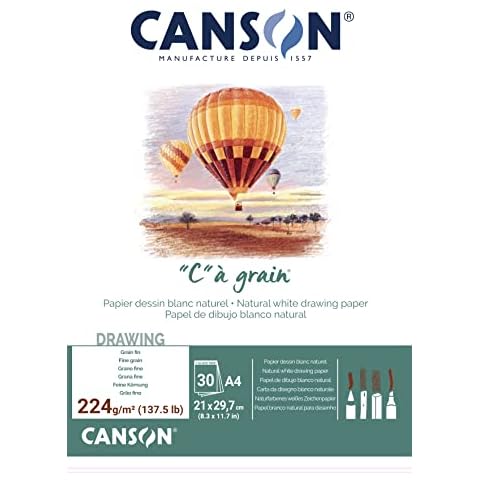 Canson "C à Grain A4 224g White Drawing & Sketching Paper Pad, 30 Sheets, Fine Grain Texture, Glued on Short Side, Ideal for Professional Artists Cover