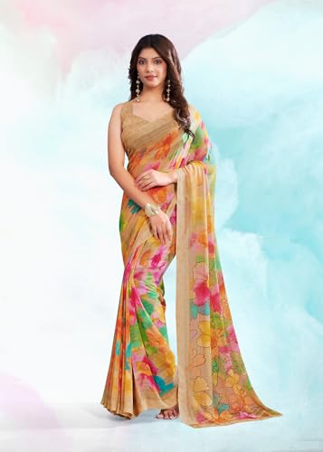 Image of Jaanvi fashion Women's Georgette Saree with Unstitched Blouse Piece