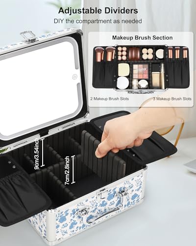 Image of Relavel Makeup Bag with LED Mirror, Makeup Box Travel Train Case with Rechargeable Lighted Mirror, Cosmetic Brush Organizer Storage for Makeup Artists Gifts for Women and Girls, Floral Print